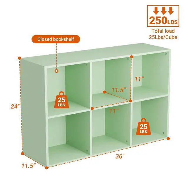 Alt view image 2 of 6 - Wooden 6 Cube Storage Organizer with Closed Back Panel, Modern Open Cube Storage Shelf Bookshelf with Compartments, Cube Shelf Organizer for Living Room, Bedroom, Study Room, Green