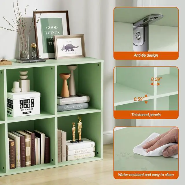 Alt view image 3 of 6 - Wooden 6 Cube Storage Organizer with Closed Back Panel, Modern Open Cube Storage Shelf Bookshelf with Compartments, Cube Shelf Organizer for Living Room, Bedroom, Study Room, Green