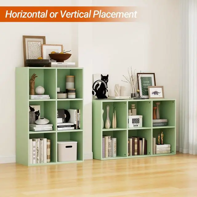 Alt view image 5 of 6 - Wooden 6 Cube Storage Organizer with Closed Back Panel, Modern Open Cube Storage Shelf Bookshelf with Compartments, Cube Shelf Organizer for Living Room, Bedroom, Study Room, Green