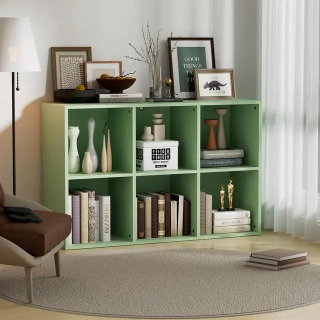 Alt view image 6 of 6 - Wooden 6 Cube Storage Organizer with Closed Back Panel, Modern Open Cube Storage Shelf Bookshelf with Compartments, Cube Shelf Organizer for Living Room, Bedroom, Study Room, Green
