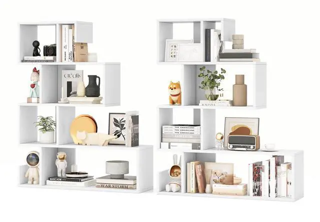 Main image of 5-Tier S-Shaped Bookshelf, Geometric Bookcase w/Open Cubes, Modern Decorative Display Shelf w/Anti-Toppling Kits, Freestanding Storage Rack for Living Room, Study, Home, Office (2, White)