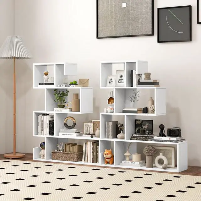 Alt view image 2 of 6 - 5-Tier S-Shaped Bookshelf, Geometric Bookcase w/Open Cubes, Modern Decorative Display Shelf w/Anti-Toppling Kits, Freestanding Storage Rack for Living Room, Study, Home, Office (2, White)