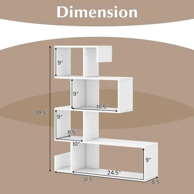 Alt view image 3 of 6 - 5-Tier S-Shaped Bookshelf, Geometric Bookcase w/Open Cubes, Modern Decorative Display Shelf w/Anti-Toppling Kits, Freestanding Storage Rack for Living Room, Study, Home, Office (2, White)