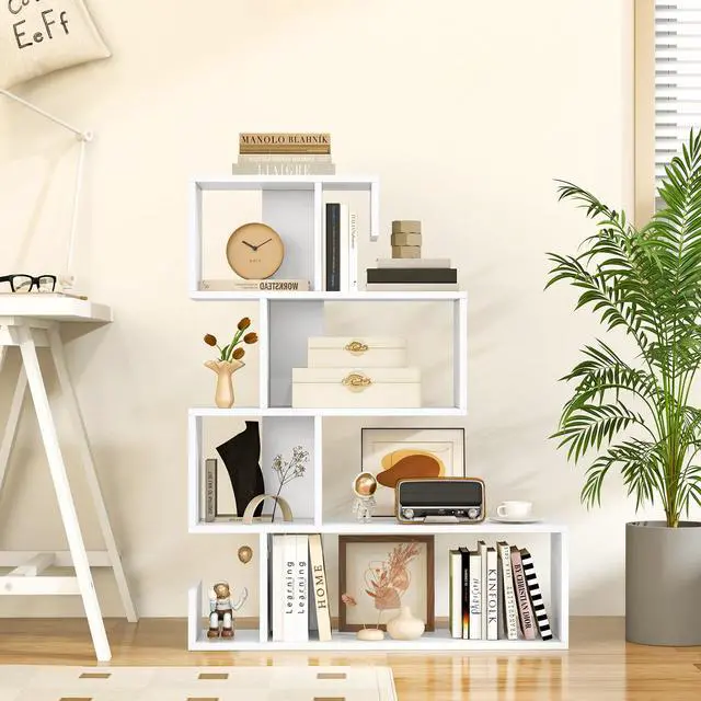 Alt view image 5 of 6 - 5-Tier S-Shaped Bookshelf, Geometric Bookcase w/Open Cubes, Modern Decorative Display Shelf w/Anti-Toppling Kits, Freestanding Storage Rack for Living Room, Study, Home, Office (2, White)