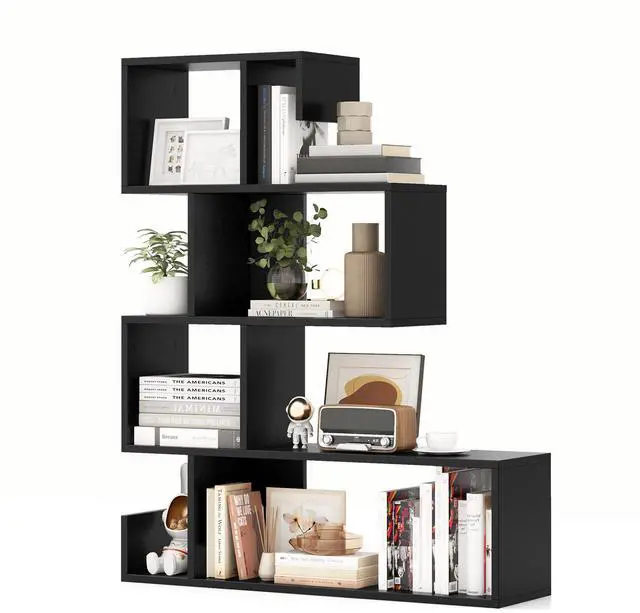 Main image of 5-Tier S-Shaped Bookshelf, Geometric Bookcase w/Open Cubes, Modern Decorative Display Shelf w/Anti-Toppling Kits, Freestanding Storage Rack for Living Room, Study, Home, Office, Black