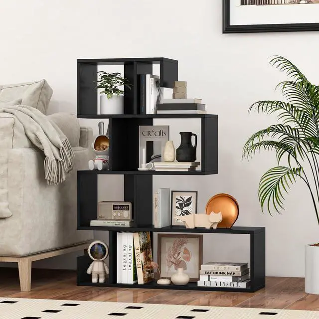 Alt view image 2 of 6 - 5-Tier S-Shaped Bookshelf, Geometric Bookcase w/Open Cubes, Modern Decorative Display Shelf w/Anti-Toppling Kits, Freestanding Storage Rack for Living Room, Study, Home, Office, Black