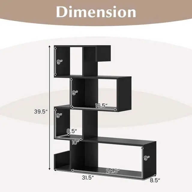 Alt view image 3 of 6 - 5-Tier S-Shaped Bookshelf, Geometric Bookcase w/Open Cubes, Modern Decorative Display Shelf w/Anti-Toppling Kits, Freestanding Storage Rack for Living Room, Study, Home, Office, Black
