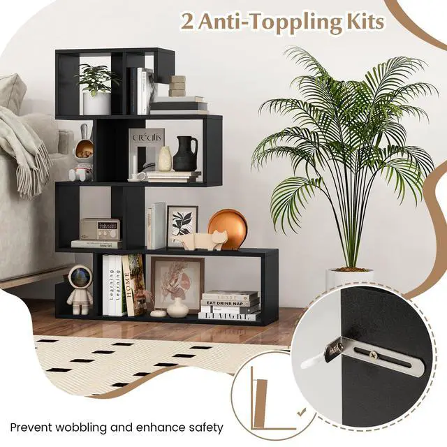 Alt view image 4 of 6 - 5-Tier S-Shaped Bookshelf, Geometric Bookcase w/Open Cubes, Modern Decorative Display Shelf w/Anti-Toppling Kits, Freestanding Storage Rack for Living Room, Study, Home, Office, Black
