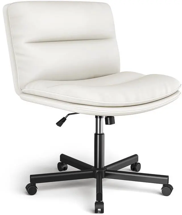 Main image of Ergonomic Armless Criss Cross Chair with Height Adjustable and Swivel, Wide & Thickened Cushion Cross Legged Vanity Chair, Comfortable PU Leather Desk Chair for Computer Task and Make Up, White