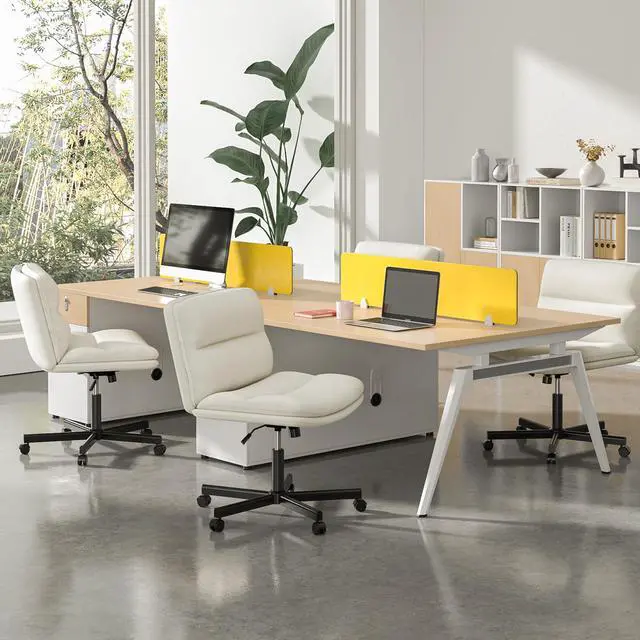 Alt view image 2 of 6 - Ergonomic Armless Criss Cross Chair with Height Adjustable and Swivel, Wide & Thickened Cushion Cross Legged Vanity Chair, Comfortable PU Leather Desk Chair for Computer Task and Make Up, White