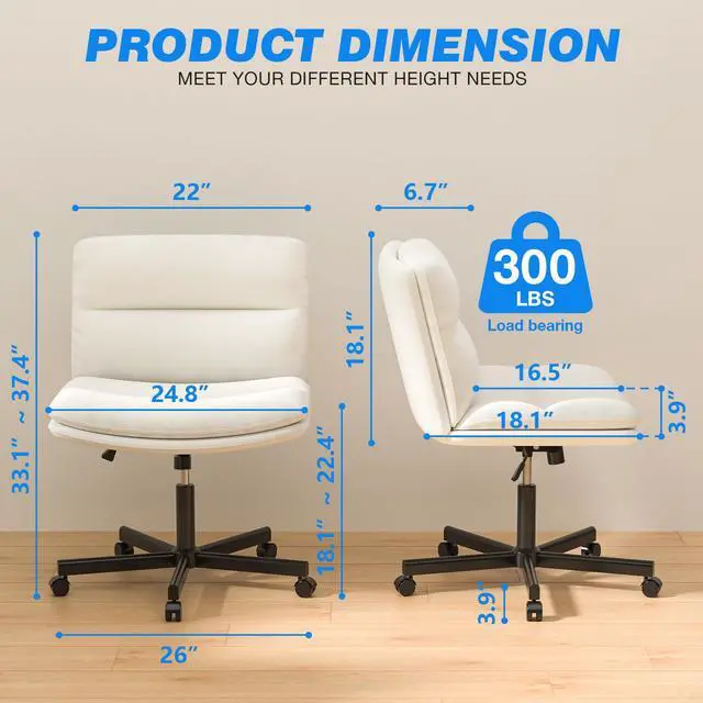 Alt view image 3 of 6 - Ergonomic Armless Criss Cross Chair with Height Adjustable and Swivel, Wide & Thickened Cushion Cross Legged Vanity Chair, Comfortable PU Leather Desk Chair for Computer Task and Make Up, White