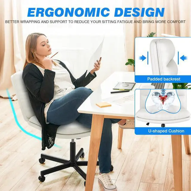 Alt view image 5 of 6 - Ergonomic Armless Criss Cross Chair with Height Adjustable and Swivel, Wide & Thickened Cushion Cross Legged Vanity Chair, Comfortable PU Leather Desk Chair for Computer Task and Make Up, White