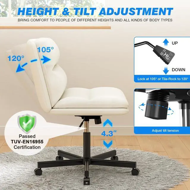 Alt view image 6 of 6 - Ergonomic Armless Criss Cross Chair with Height Adjustable and Swivel, Wide & Thickened Cushion Cross Legged Vanity Chair, Comfortable PU Leather Desk Chair for Computer Task and Make Up, White