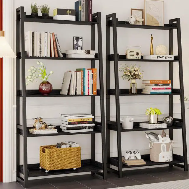 Alt view image 2 of 6 - Ladder Shelf, Ladder Bookshelf 5-Tier 74.8in Tall, Industrial Bookcase and Bookshelf, Display Shelf Metal Frame for Home Office, Bathroom, Living Room, Industrial Black