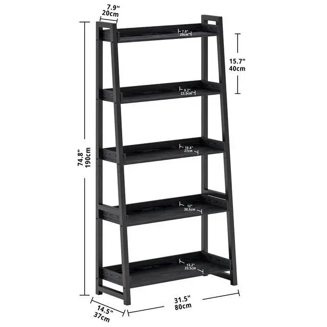 Alt view image 3 of 6 - Ladder Shelf, Ladder Bookshelf 5-Tier 74.8in Tall, Industrial Bookcase and Bookshelf, Display Shelf Metal Frame for Home Office, Bathroom, Living Room, Industrial Black