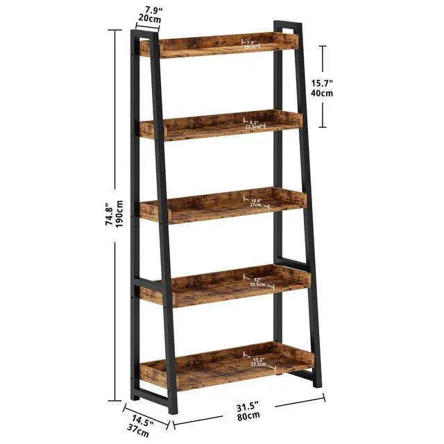Alt view image 3 of 6 - Ladder Shelf, Ladder Bookshelf 5-Tier 74.8in Tall, Industrial Bookcase and Bookshelf, Display Shelf Metal Frame for Home Office, Bathroom, Living Room, Vintage Brown