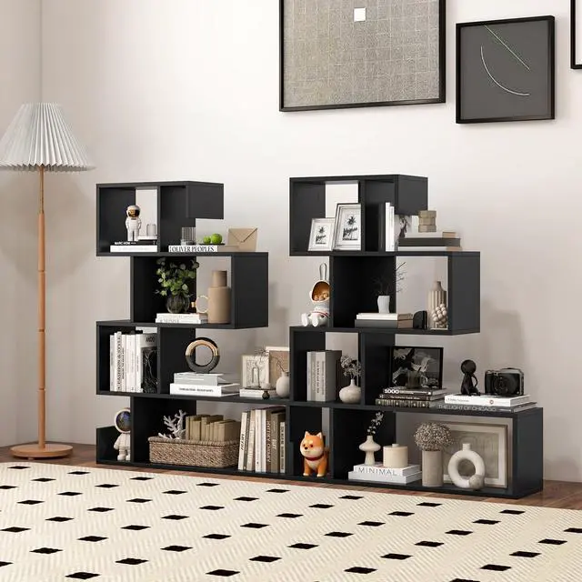 Alt view image 2 of 6 - 5-Tier S-Shaped Bookshelf of 2, Geometric Bookcase w/Open Cubes, Modern Decorative Display Shelf w/Anti-Toppling Kits, Freestanding Storage Rack for Living Room, Study, Home, Office