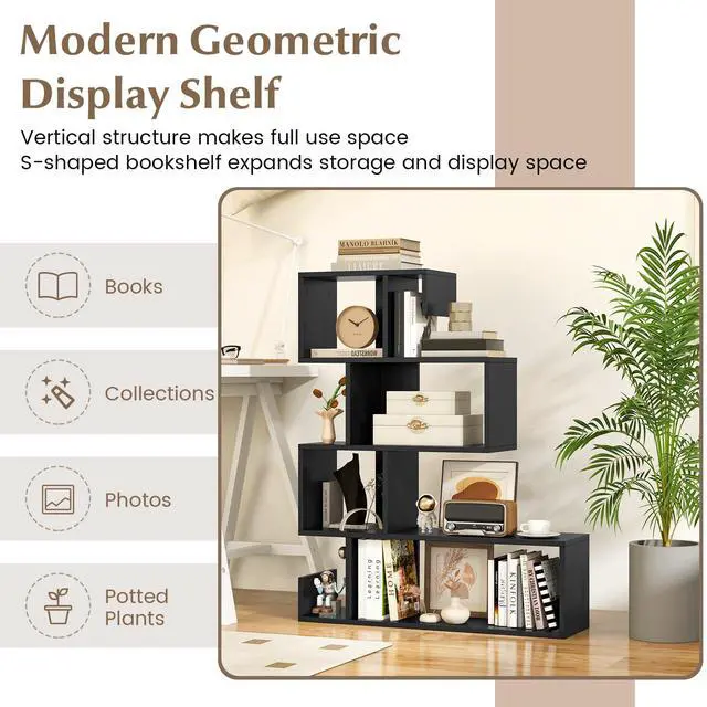 Alt view image 5 of 6 - 5-Tier S-Shaped Bookshelf of 2, Geometric Bookcase w/Open Cubes, Modern Decorative Display Shelf w/Anti-Toppling Kits, Freestanding Storage Rack for Living Room, Study, Home, Office