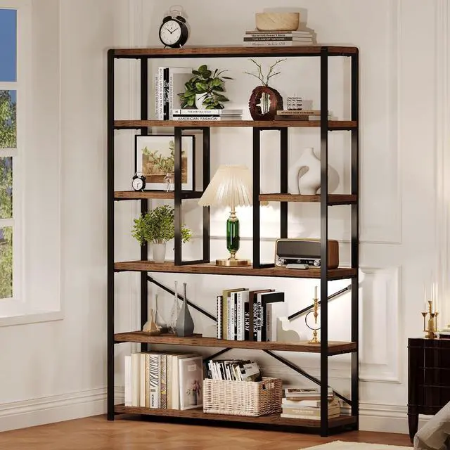 Main image of Rustic Bookcases and Book Shelves, Metal Wood 6 Tier Bookshelf and Book Rack Storage, Industrial Vertical Display Etagere Book Case 6 Shelf, Vintage Large Book Shelf for Bedroom Living Room, Brown