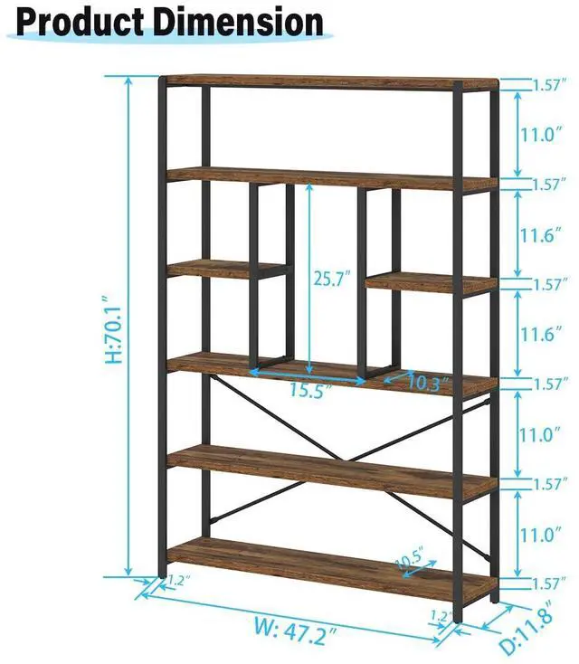 Alt view image 2 of 6 - Rustic Bookcases and Book Shelves, Metal Wood 6 Tier Bookshelf and Book Rack Storage, Industrial Vertical Display Etagere Book Case 6 Shelf, Vintage Large Book Shelf for Bedroom Living Room, Brown