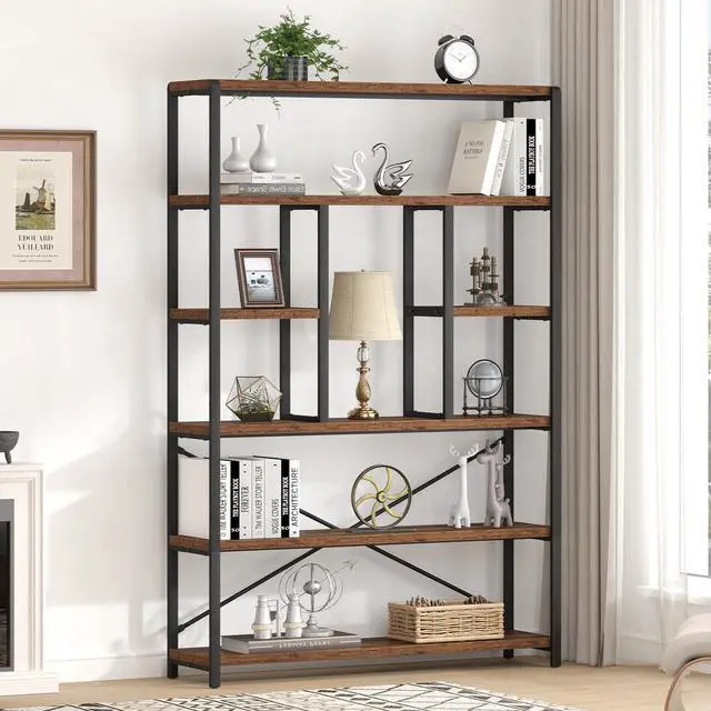 Alt view image 3 of 6 - Rustic Bookcases and Book Shelves, Metal Wood 6 Tier Bookshelf and Book Rack Storage, Industrial Vertical Display Etagere Book Case 6 Shelf, Vintage Large Book Shelf for Bedroom Living Room, Brown