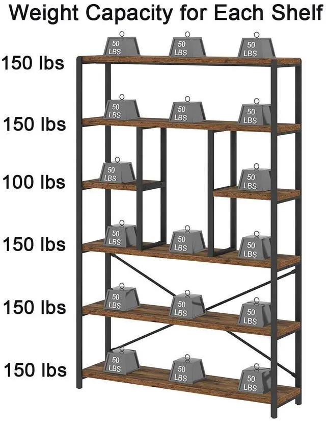 Alt view image 4 of 6 - Rustic Bookcases and Book Shelves, Metal Wood 6 Tier Bookshelf and Book Rack Storage, Industrial Vertical Display Etagere Book Case 6 Shelf, Vintage Large Book Shelf for Bedroom Living Room, Brown
