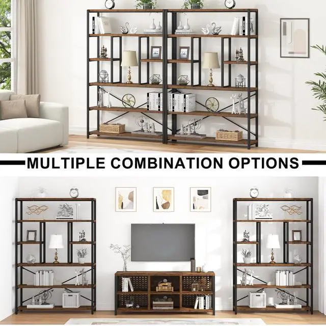 Alt view image 5 of 6 - Rustic Bookcases and Book Shelves, Metal Wood 6 Tier Bookshelf and Book Rack Storage, Industrial Vertical Display Etagere Book Case 6 Shelf, Vintage Large Book Shelf for Bedroom Living Room, Brown