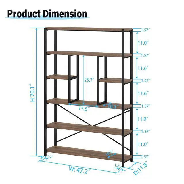 Alt view image 2 of 6 - Tall Industrial Etagere Bookcase, Modern Wood Large Open 6 Tier Bookshelf, Vintage Wide Metal Book Shelf Organizer, Farmhouse Book Shelves for Bedroom Living Room Home Office Storage, Rustic Oak