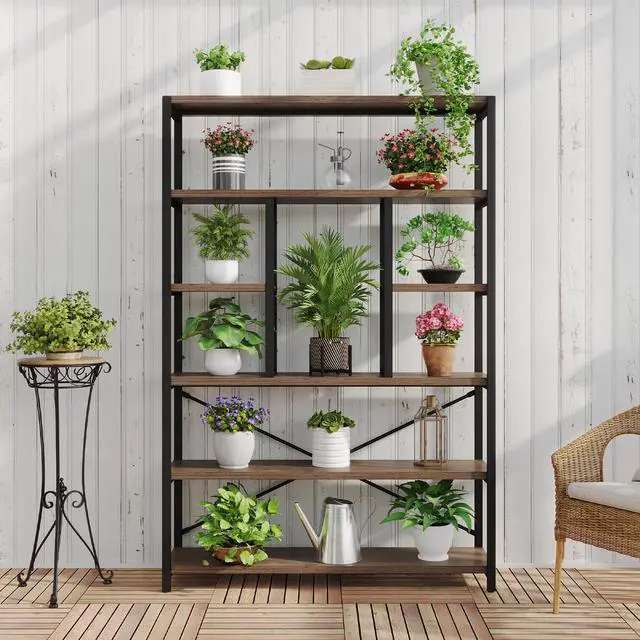 Alt view image 3 of 6 - Tall Industrial Etagere Bookcase, Modern Wood Large Open 6 Tier Bookshelf, Vintage Wide Metal Book Shelf Organizer, Farmhouse Book Shelves for Bedroom Living Room Home Office Storage, Rustic Oak