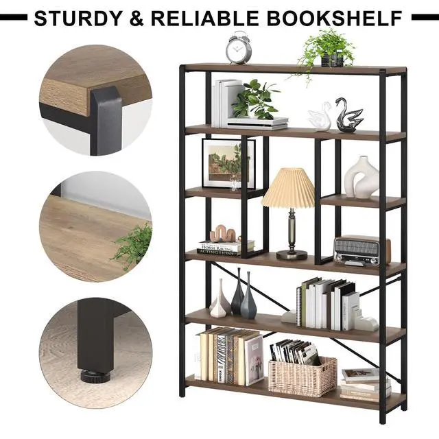 Alt view image 4 of 6 - Tall Industrial Etagere Bookcase, Modern Wood Large Open 6 Tier Bookshelf, Vintage Wide Metal Book Shelf Organizer, Farmhouse Book Shelves for Bedroom Living Room Home Office Storage, Rustic Oak