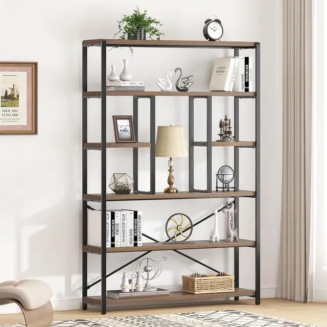 Alt view image 5 of 6 - Tall Industrial Etagere Bookcase, Modern Wood Large Open 6 Tier Bookshelf, Vintage Wide Metal Book Shelf Organizer, Farmhouse Book Shelves for Bedroom Living Room Home Office Storage, Rustic Oak