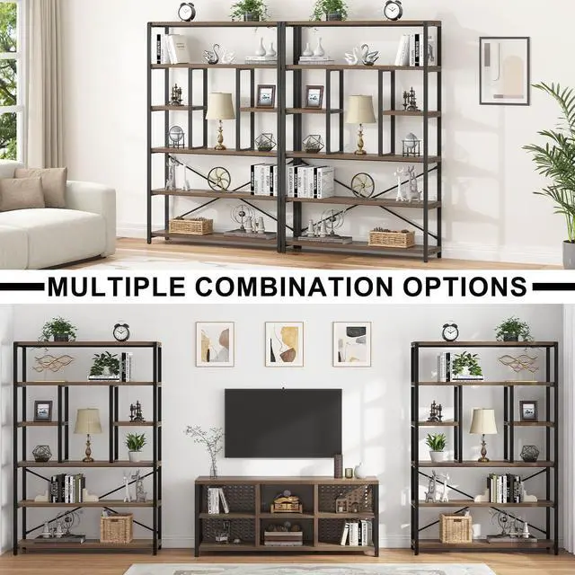 Alt view image 6 of 6 - Tall Industrial Etagere Bookcase, Modern Wood Large Open 6 Tier Bookshelf, Vintage Wide Metal Book Shelf Organizer, Farmhouse Book Shelves for Bedroom Living Room Home Office Storage, Rustic Oak