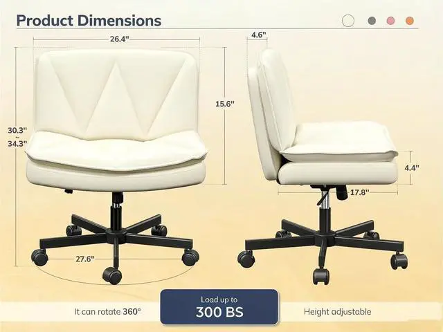 Alt view image 2 of 6 - Criss Cross Office Chair with Wheels, Armless Cross Legged Office Chair with 2 Layer Comfy Leather & Back, 90°-120° Reclining, Wide Vanity Chair for Home Office, Beige