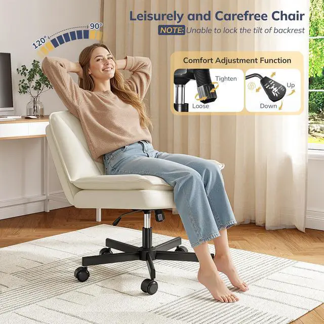 Alt view image 3 of 6 - Criss Cross Office Chair with Wheels, Armless Cross Legged Office Chair with 2 Layer Comfy Leather & Back, 90°-120° Reclining, Wide Vanity Chair for Home Office, Beige