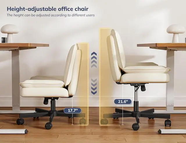 Alt view image 4 of 6 - Criss Cross Office Chair with Wheels, Armless Cross Legged Office Chair with 2 Layer Comfy Leather & Back, 90°-120° Reclining, Wide Vanity Chair for Home Office, Beige