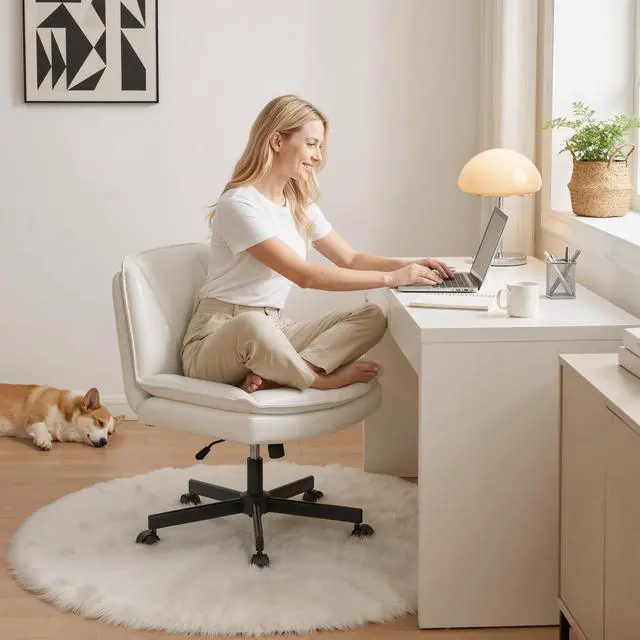 Alt view image 5 of 6 - Criss Cross Office Chair with Wheels, Armless Cross Legged Office Chair with 2 Layer Comfy Leather & Back, 90°-120° Reclining, Wide Vanity Chair for Home Office, Beige