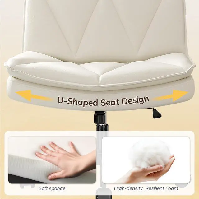 Alt view image 6 of 6 - Criss Cross Office Chair with Wheels, Armless Cross Legged Office Chair with 2 Layer Comfy Leather & Back, 90°-120° Reclining, Wide Vanity Chair for Home Office, Beige