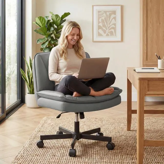 Main image of Criss Cross Office Chair with Wheels, Cross Legged Office Chair with 2 Layer Comfy Leather & Back, Armless Wide Vanity Chair for Home Office, Grey