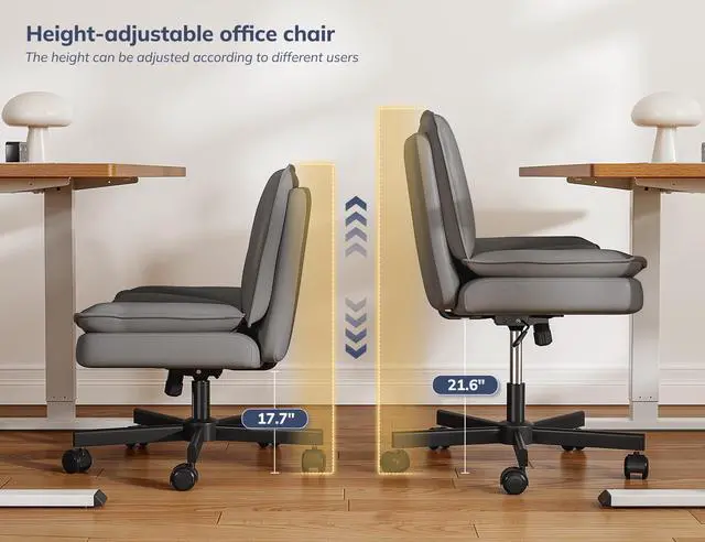 Alt view image 2 of 6 - Criss Cross Office Chair with Wheels, Cross Legged Office Chair with 2 Layer Comfy Leather & Back, Armless Wide Vanity Chair for Home Office, Grey