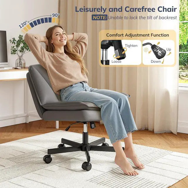 Alt view image 3 of 6 - Criss Cross Office Chair with Wheels, Cross Legged Office Chair with 2 Layer Comfy Leather & Back, Armless Wide Vanity Chair for Home Office, Grey