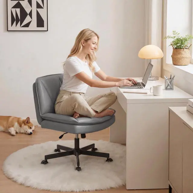 Alt view image 4 of 6 - Criss Cross Office Chair with Wheels, Cross Legged Office Chair with 2 Layer Comfy Leather & Back, Armless Wide Vanity Chair for Home Office, Grey