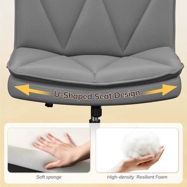 Alt view image 5 of 6 - Criss Cross Office Chair with Wheels, Cross Legged Office Chair with 2 Layer Comfy Leather & Back, Armless Wide Vanity Chair for Home Office, Grey