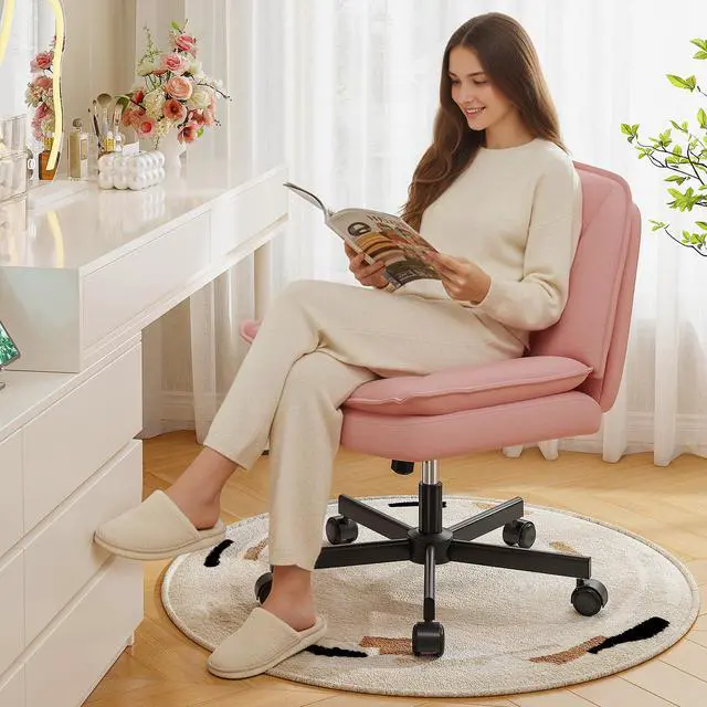 Main image of Criss Cross Office Chair with Wheels, Cross Legged Office Chair with 2 Layer Comfy Leather, Armless Wide Vanity Chair for Home Office, Pink