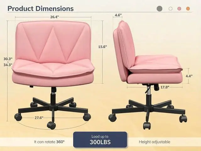 Alt view image 2 of 6 - Criss Cross Office Chair with Wheels, Cross Legged Office Chair with 2 Layer Comfy Leather, Armless Wide Vanity Chair for Home Office, Pink