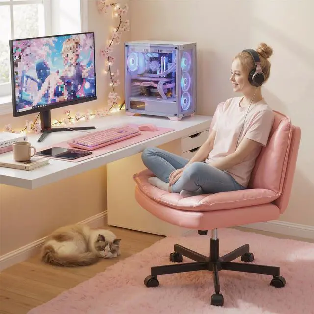Alt view image 3 of 6 - Criss Cross Office Chair with Wheels, Cross Legged Office Chair with 2 Layer Comfy Leather, Armless Wide Vanity Chair for Home Office, Pink