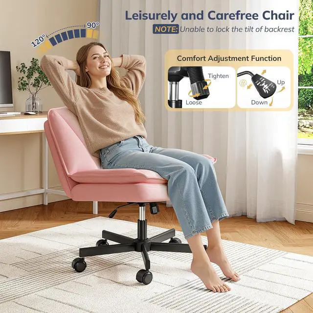 Alt view image 4 of 6 - Criss Cross Office Chair with Wheels, Cross Legged Office Chair with 2 Layer Comfy Leather, Armless Wide Vanity Chair for Home Office, Pink