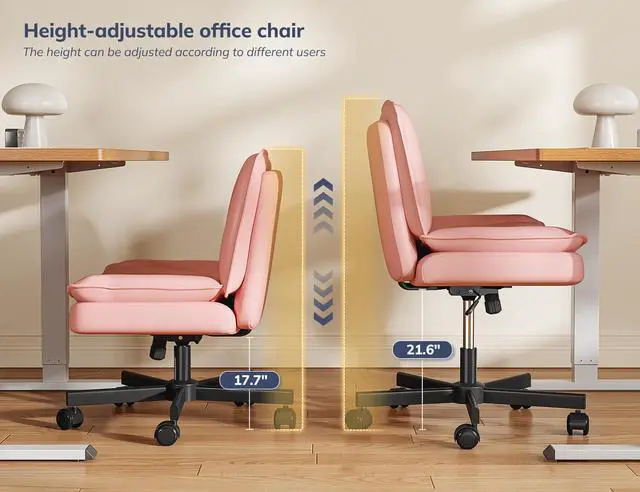 Alt view image 5 of 6 - Criss Cross Office Chair with Wheels, Cross Legged Office Chair with 2 Layer Comfy Leather, Armless Wide Vanity Chair for Home Office, Pink