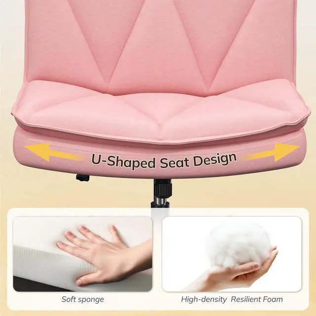 Alt view image 6 of 6 - Criss Cross Office Chair with Wheels, Cross Legged Office Chair with 2 Layer Comfy Leather, Armless Wide Vanity Chair for Home Office, Pink