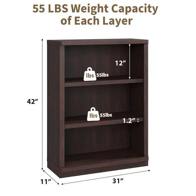 Alt view image 3 of 6 - 3 -Tier Bookcase, 42" Tall Book Shelf, 31 Wide Bookshelves, Wooden Bookcase Display Storage for Home Office, Living Room and Study Room (Cherry)