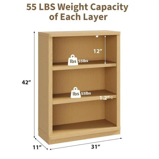 Alt view image 3 of 6 - 3 -Tier Bookcase, 42" Tall Book Shelf, 31 Wide Bookshelves, Wooden Bookcase Display Storage for Home Office, Living Room and Study Room (Wood)